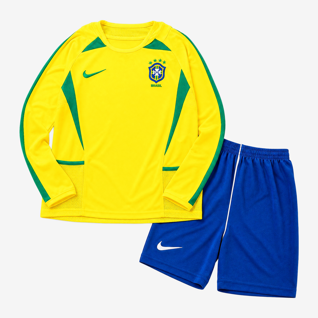 Brazil Retro Home 2002 Kids Long Sleeve Shirt Kit