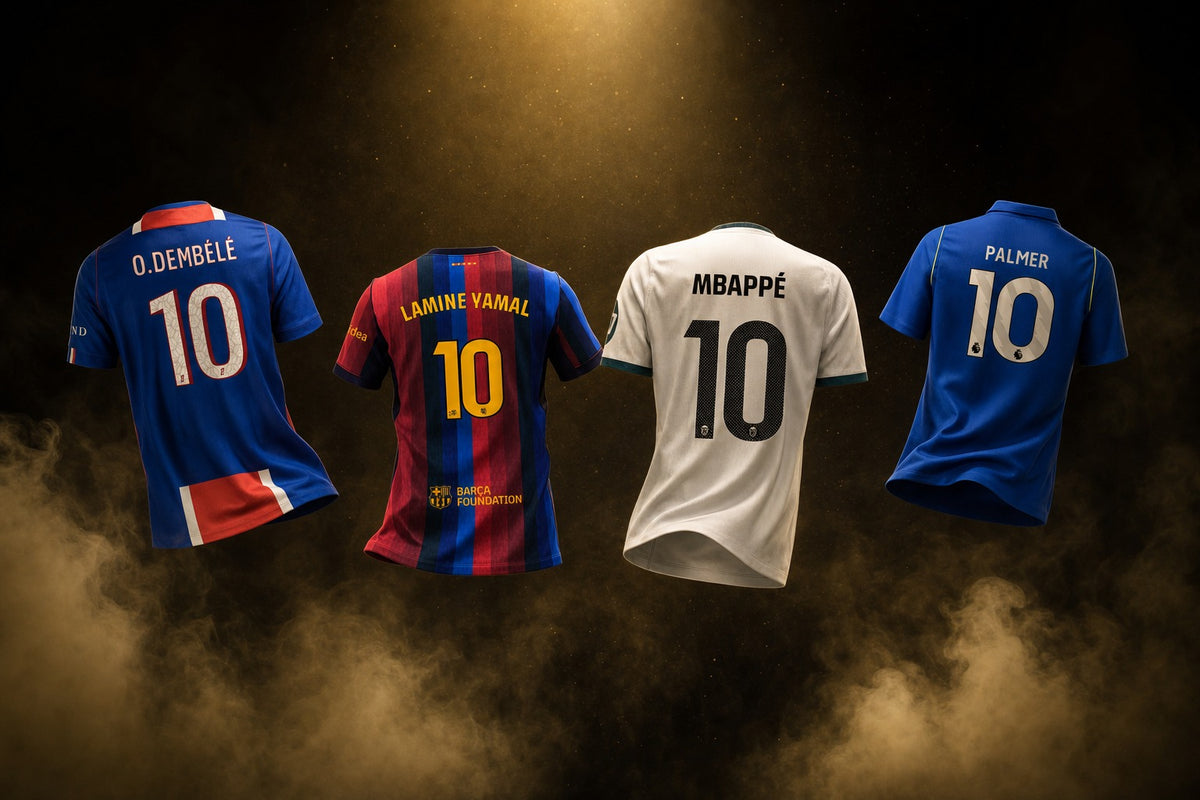 Four shirt backs printed with names and the number 10