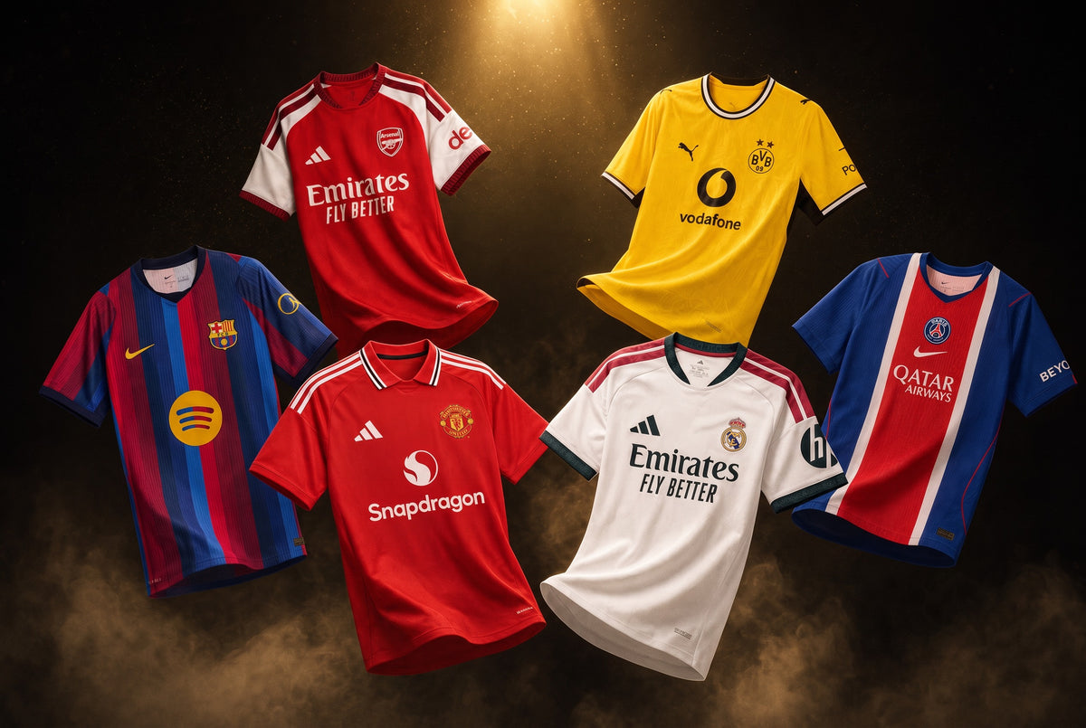 Six home shirts floating in gold light and smoke